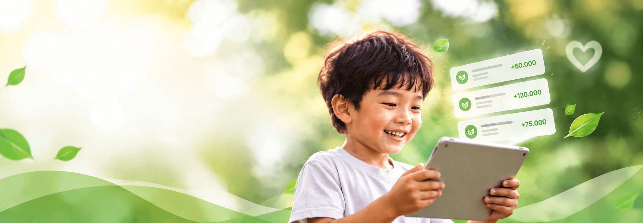 Em bé cười rạng rỡ cầm máy tính bảng với các thông báo đóng góp nổi lên giữa khung cảnh thiên nhiên